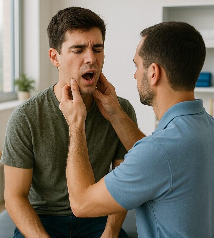 Medico che esamina la gola di un paziente seduto in uno studio medico.