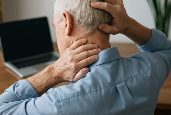 Uomo anziano che si tiene il collo con entrambe le mani mentre guarda un computer portatile.