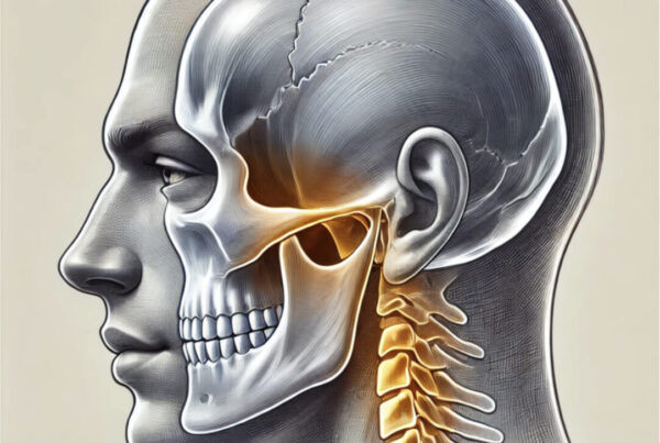 Illustrazione anatomica del cranio e della mandibola con dettagli sulla struttura ossea.