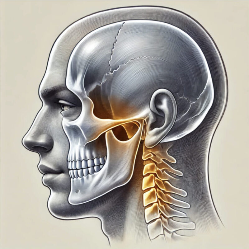 Illustrazione anatomica del cranio e della mandibola con dettagli sulla struttura ossea.