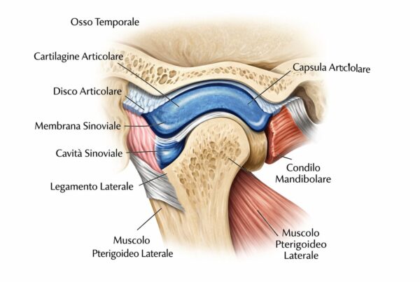 Illustrazione anatomica del sistema articolare della mandibola con dettagli sui componenti principali.