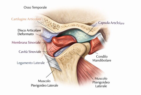 Illustrazione anatomica che mostra la struttura dell'articolazione temporomandibolare con dettagli sui componenti principali.