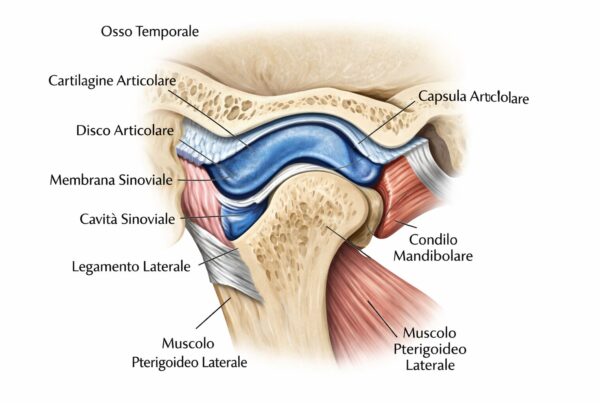 Illustrazione anatomica del sistema articolare della mandibola con dettagli sui componenti principali.