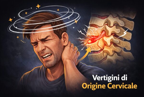 Illustrazione di un uomo che soffre di vertigini e dolore al collo, con evidenza della colonna vertebrale cervicale.