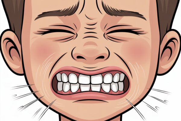Illustrazione di un bambino con espressione di dolore e denti serrati, evidenziando disagio o malessere.