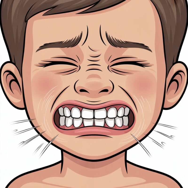Illustrazione di un bambino con espressione di dolore e denti serrati, evidenziando disagio o malessere.