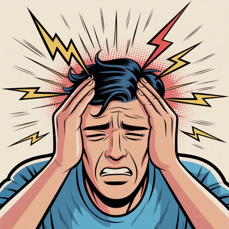 Illustrazione di un uomo con mal di testa, con espressione di dolore e linee di stress attorno alla testa.