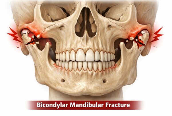 Illustrazione anatomica di una frattura bicondilare della mandibola con evidenza di lesioni.