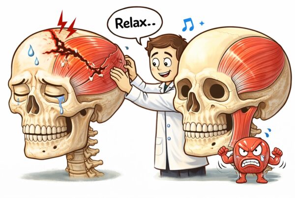 Illustrazione di un medico che interagisce con due scheletri e muscoli, uno rilassato e l'altro arrabbiato.