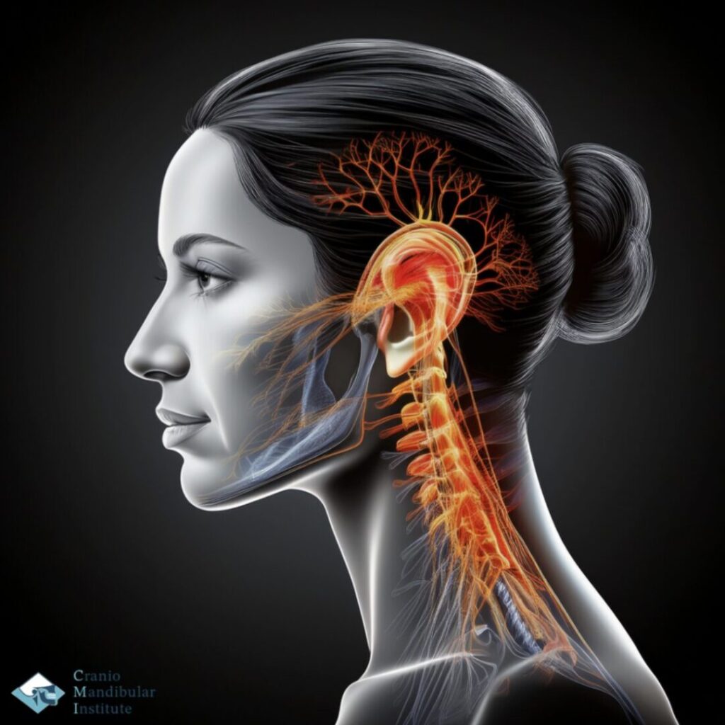 Illustrazione del nervo auricolotemporale (ATN) nel profilo della testa, con rete nervosa arancione e riferimento all’articolazione temporomandibolare (ATM).